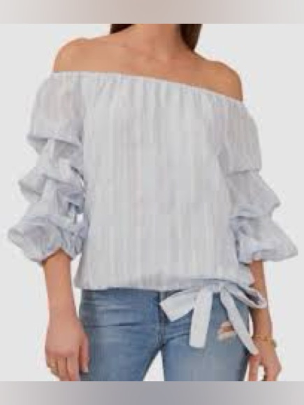 Vince Camuto light blue and white striped off-the-shoulder blouse. Size S.